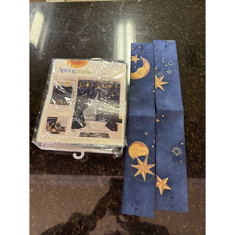 Vintage Spring maid Celestial Navy Shower Curtain Liner And Tie Backs Only READ